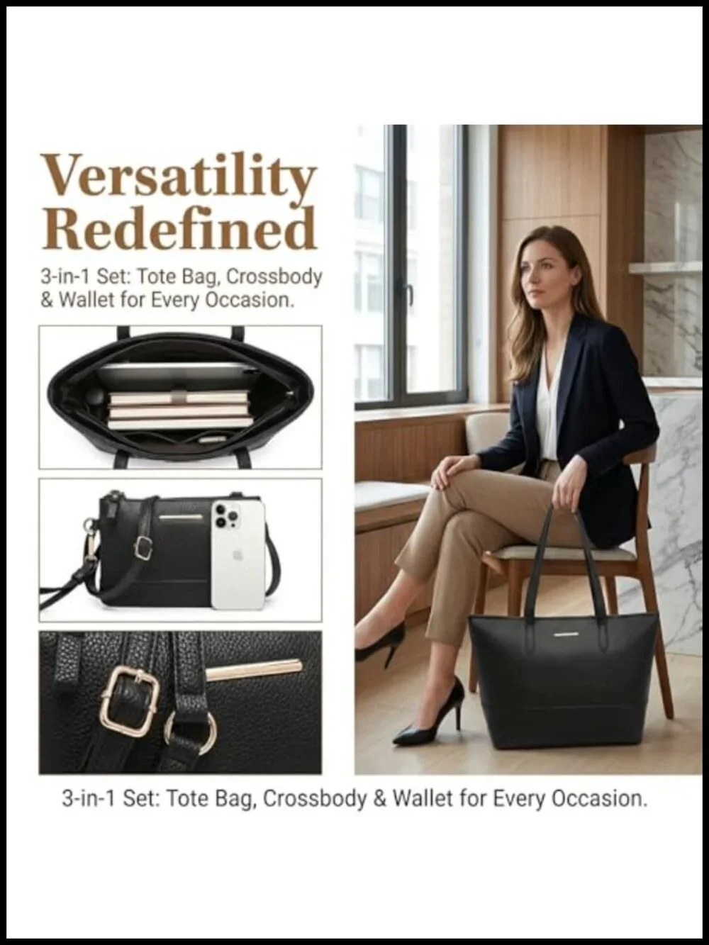 Vegan Leather Tote Bag Set with Crossbody Purse and Wallet 3-Piece Set